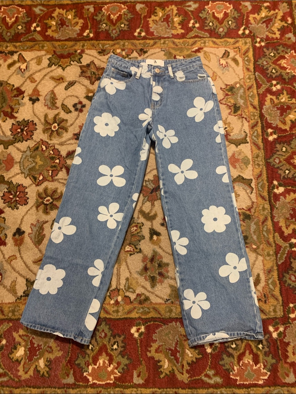 Flying Angel jeans 5/27 printed white flowers wide leg